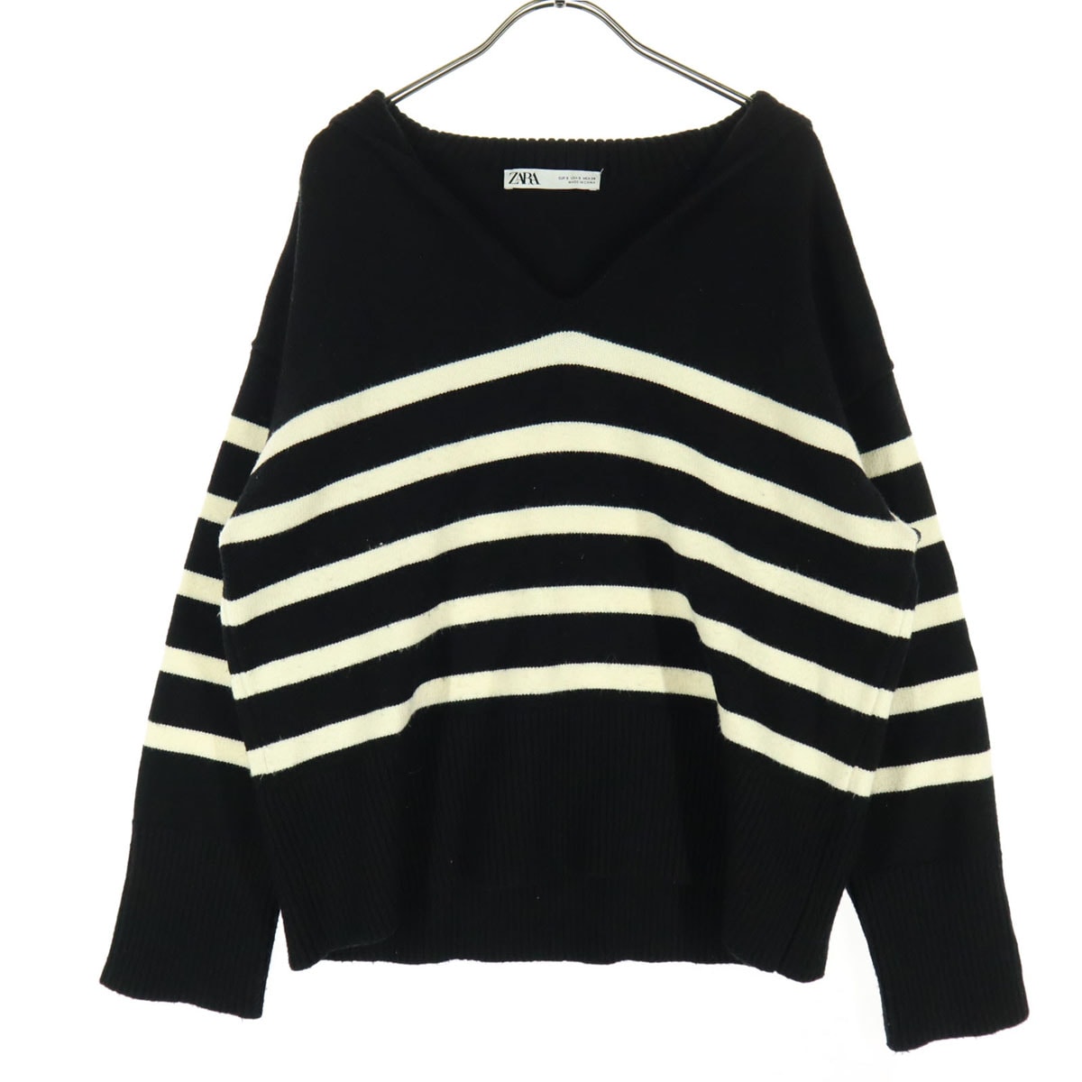 ZARA ザラ ボーダー柄 長袖 Vネック セーラーカラー セーター S ブラック