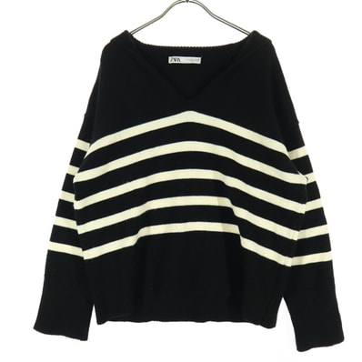 ZARA ザラ ボーダー柄 長袖 Vネック セーラーカラー セーター S ブラック