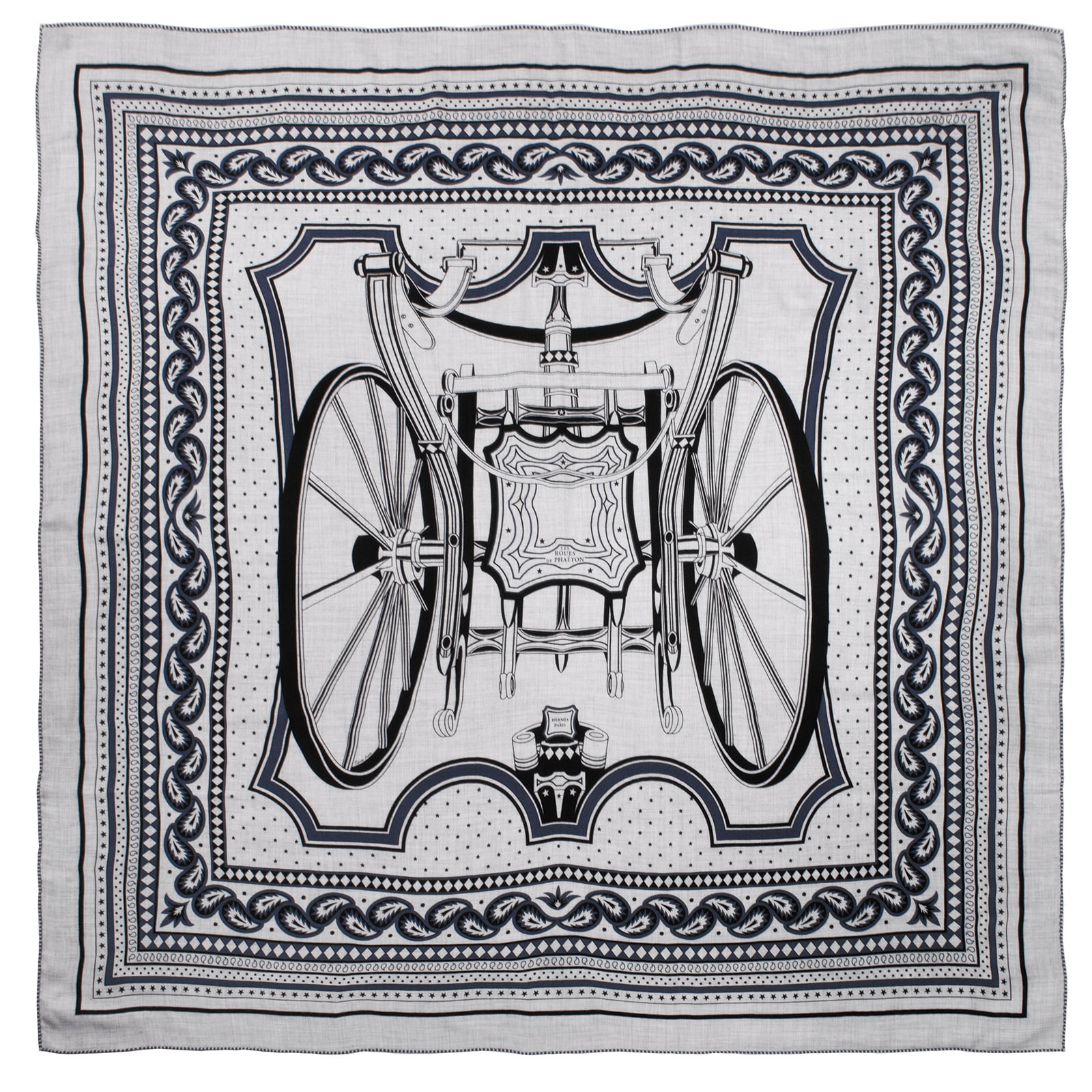 HERMES エルメス カレジェアン Les Roues de Phaeton Bandana 四輪馬車の車輪 バンダナ スカーフ 244305S 03 カレ140 カシシル ストール ショール カシミヤ・シルク グレー ブルー【中古】