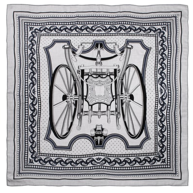 HERMES エルメス カレジェアン Les Roues de Phaeton Bandana 四輪馬車の車輪 バンダナ スカーフ 244305S 03 カレ140 カシシル ストール ショール カシミヤ・シルク グレー ブルー【中古】
