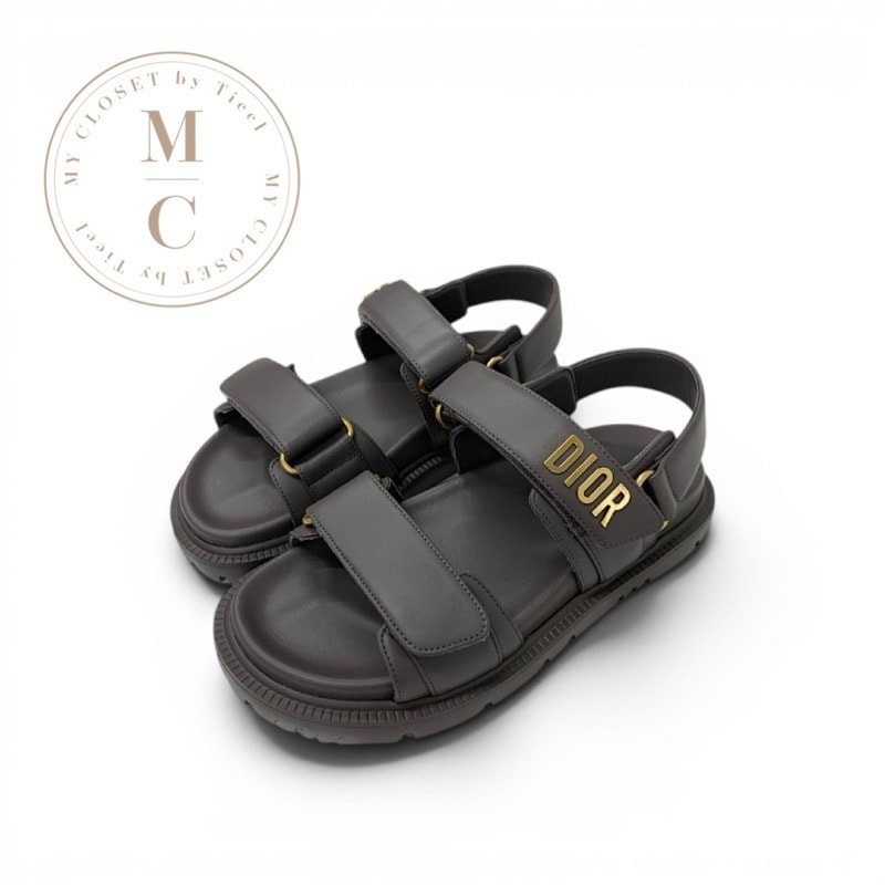 クリスチャンディオール CHRISTIAN DIOR DIORACT サンダル 靴 シューズ レザー グレー ゴールド 未使用 ロゴ スポーツサンダル フラット
