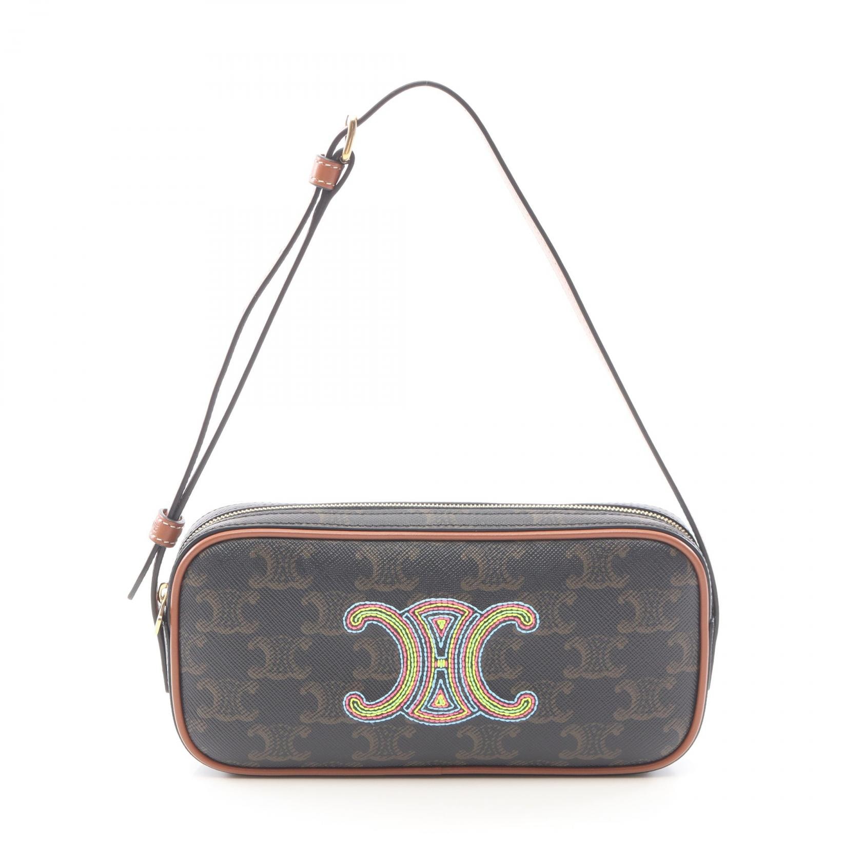 セリーヌ CELINE キュイル トリオンフ ミニ カメラバッグ ショルダーバッグ バッグ PVCコーティングキャンバス レザー レディース ブラック系 / ブラウン系 【中古】