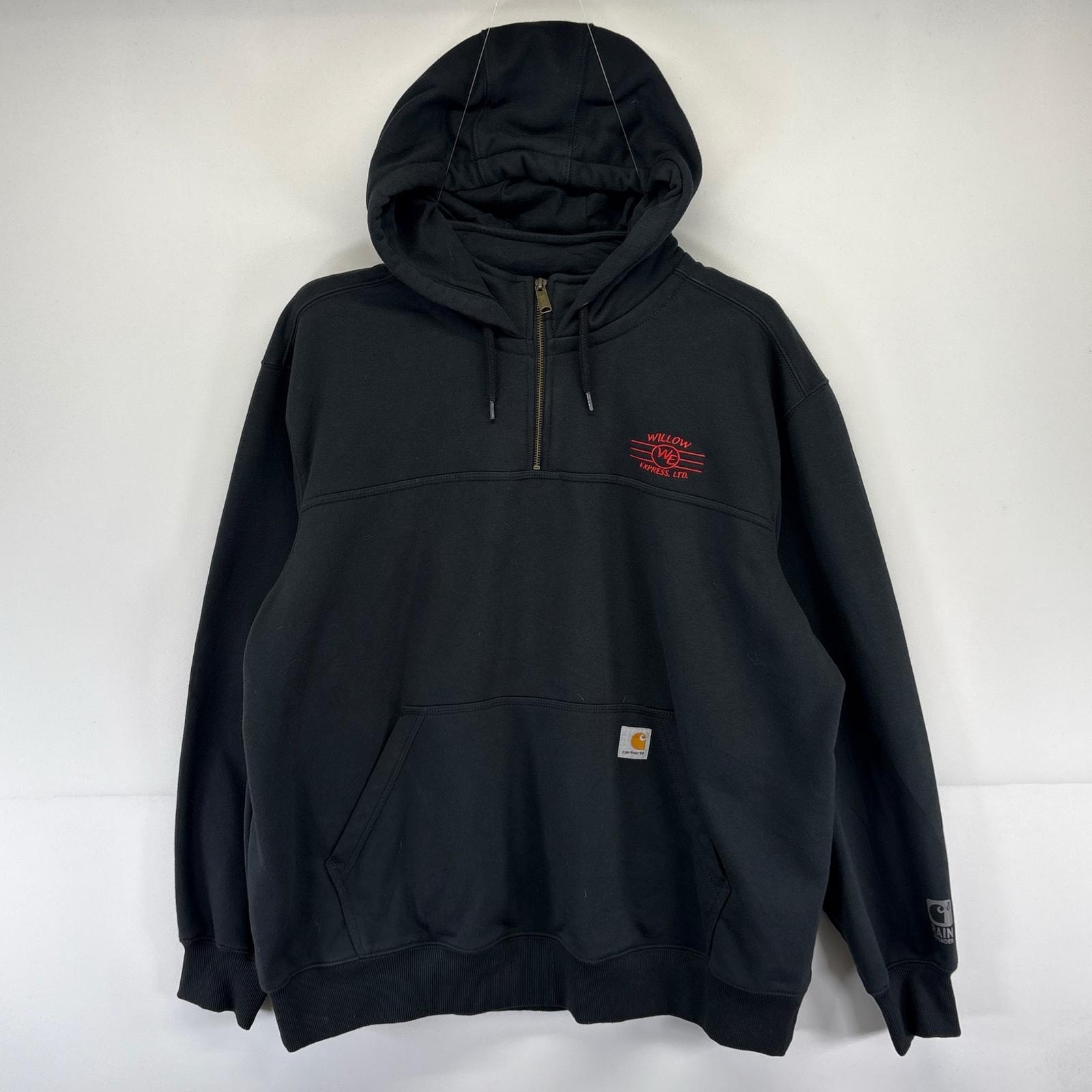 古着 カーハート Carhartt パーカー スウェット ワンポイント 刺繍 企業 ハーフジップ プルオーバー 2XL  ブラック系 メンズ