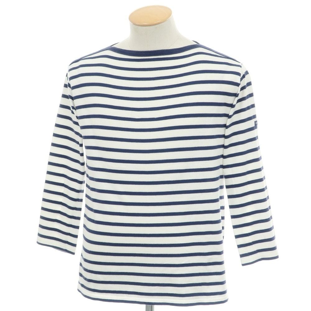 【中古】セントジェームス SAINT JAMES コットン ボーダー ボートネック 七分袖 Tシャツ ホワイトxネイビー【サイズ3】【メンズ】