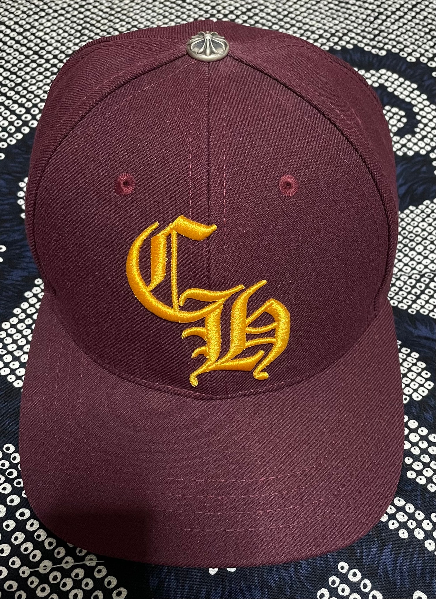 Chrome Hearts 6 Panel On Field CH White Baseball Cap "Bordeaux/Yellow"