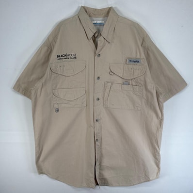 古着 コロンビア Columbia 半袖シャツ PFG フィッシングギア ワンポイント ロゴ フラップポケ S ベージュ 無地 メンズ