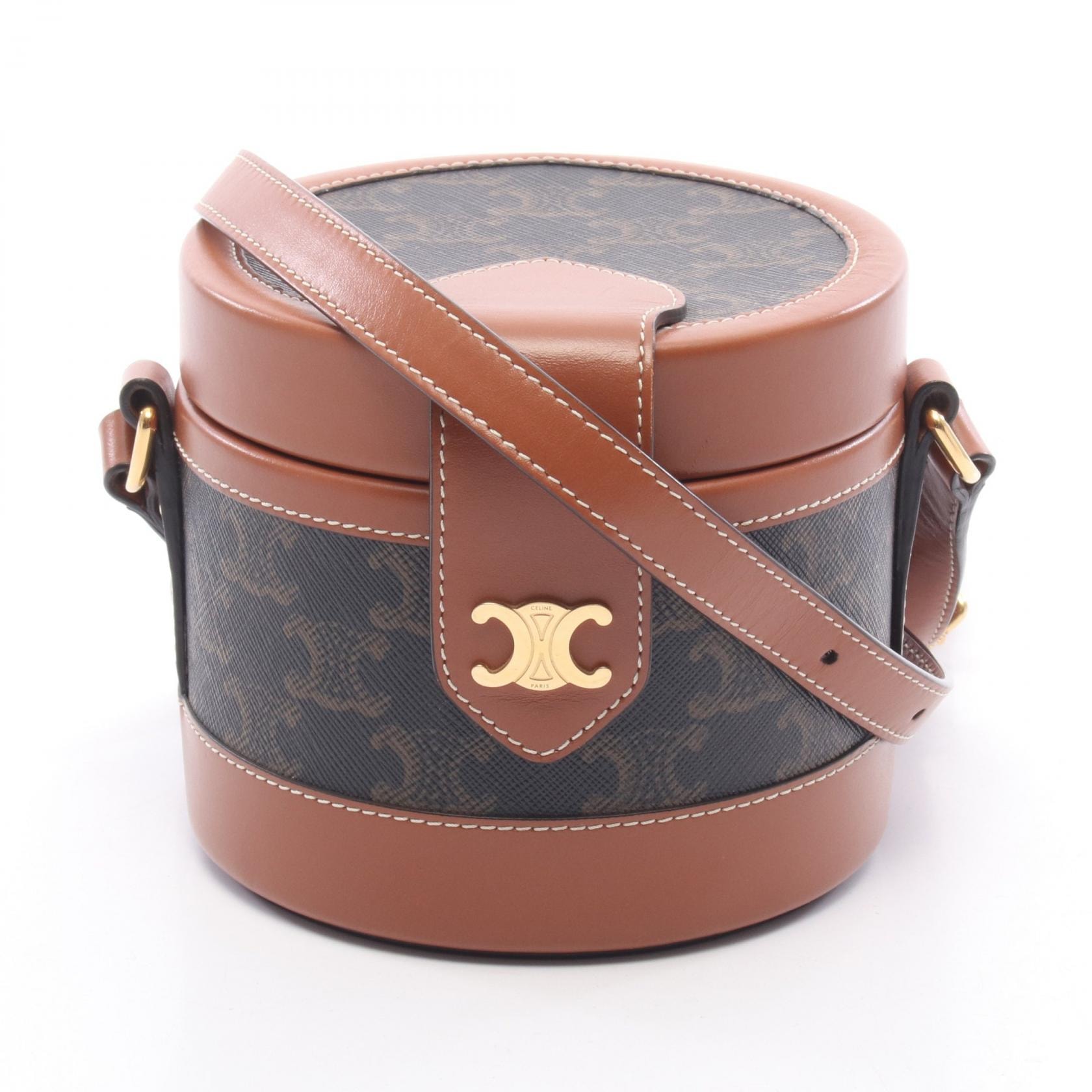 セリーヌ CELINE タンブール スモール トリオンフ ショルダーバッグ バッグ PVCコーティングキャンバス レザー レディース ブラック系 / ブラウン系 195642 【中古】