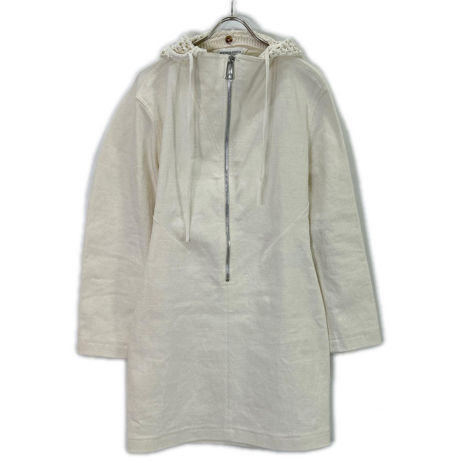 ボッテガヴェネタ ホワイト リネンポリ ハーフジップ メッシュニード付きワンピース 38
