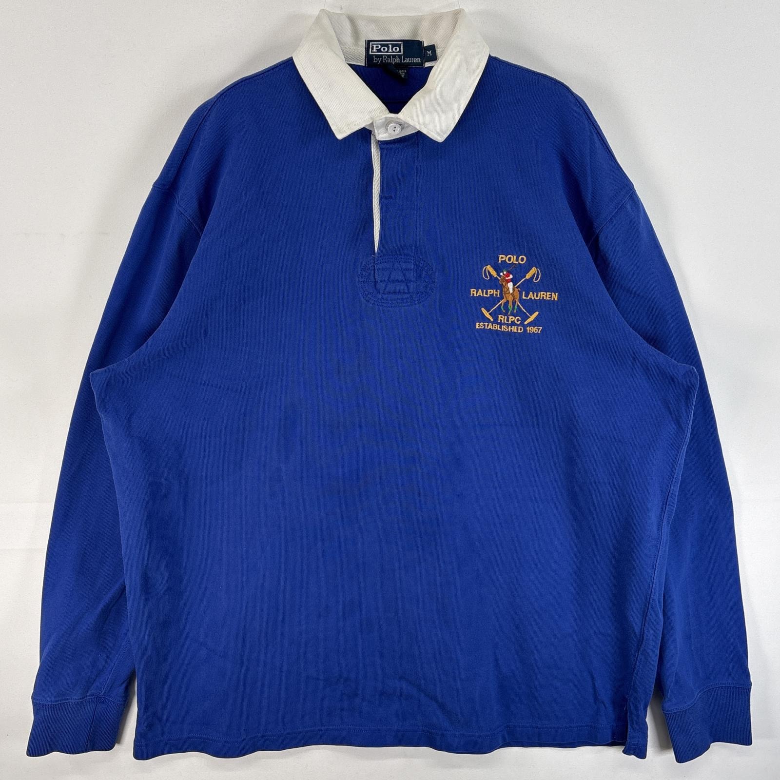 古着 90's/90年代 ポロバイラルフローレン Polo by Ralph Lauren 長袖 ラガーシャツ ワンポイント ロゴ 刺繍 3ボタン ラバーボタン M  ブルー系 無地 メンズ