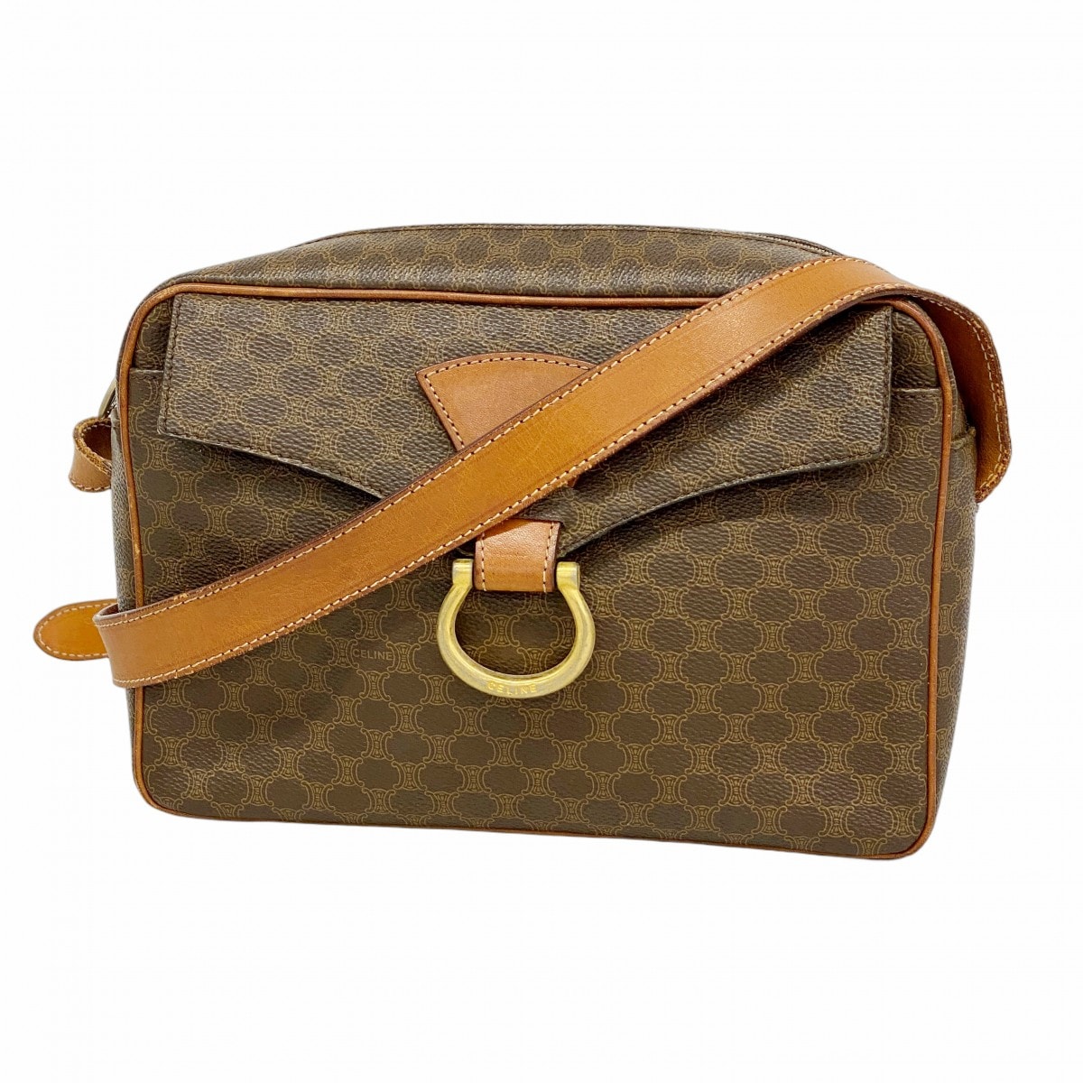 【6cd4333-k】セリーヌ ショルダーバッグ マカダム PVC ブラウン ゴールド金具【中古】レディース