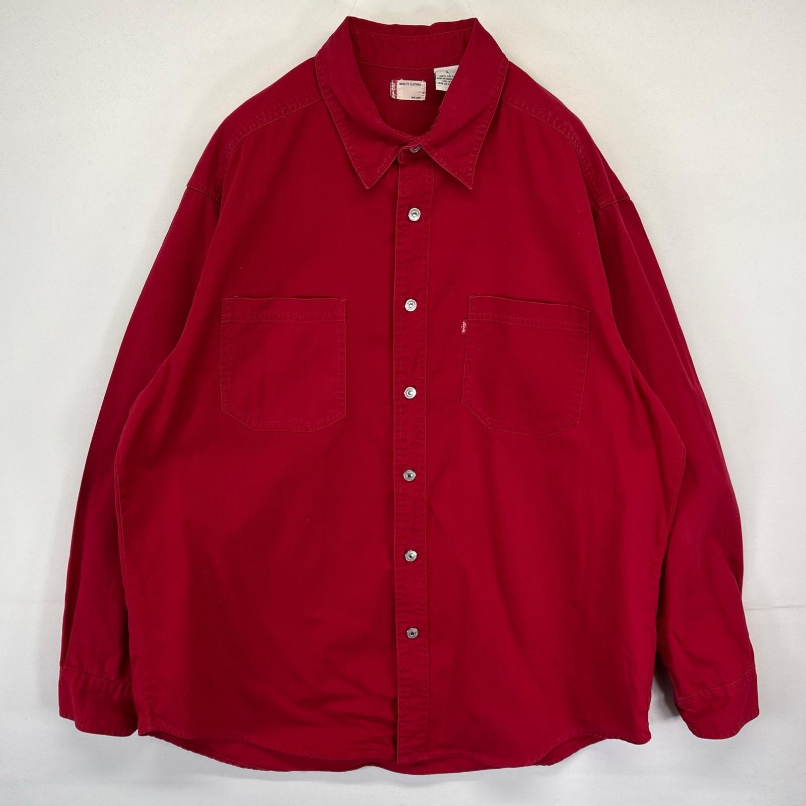 古着 リーバイス Levi's 長袖シャツ デニムシャツ カラーデニム メタルボタン 胸ポケット 無地 L  レッド メンズ