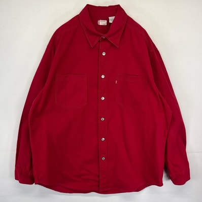 古着 リーバイス Levi's 長袖シャツ デニムシャツ カラーデニム メタルボタン 胸ポケット 無地 L レッド メンズ