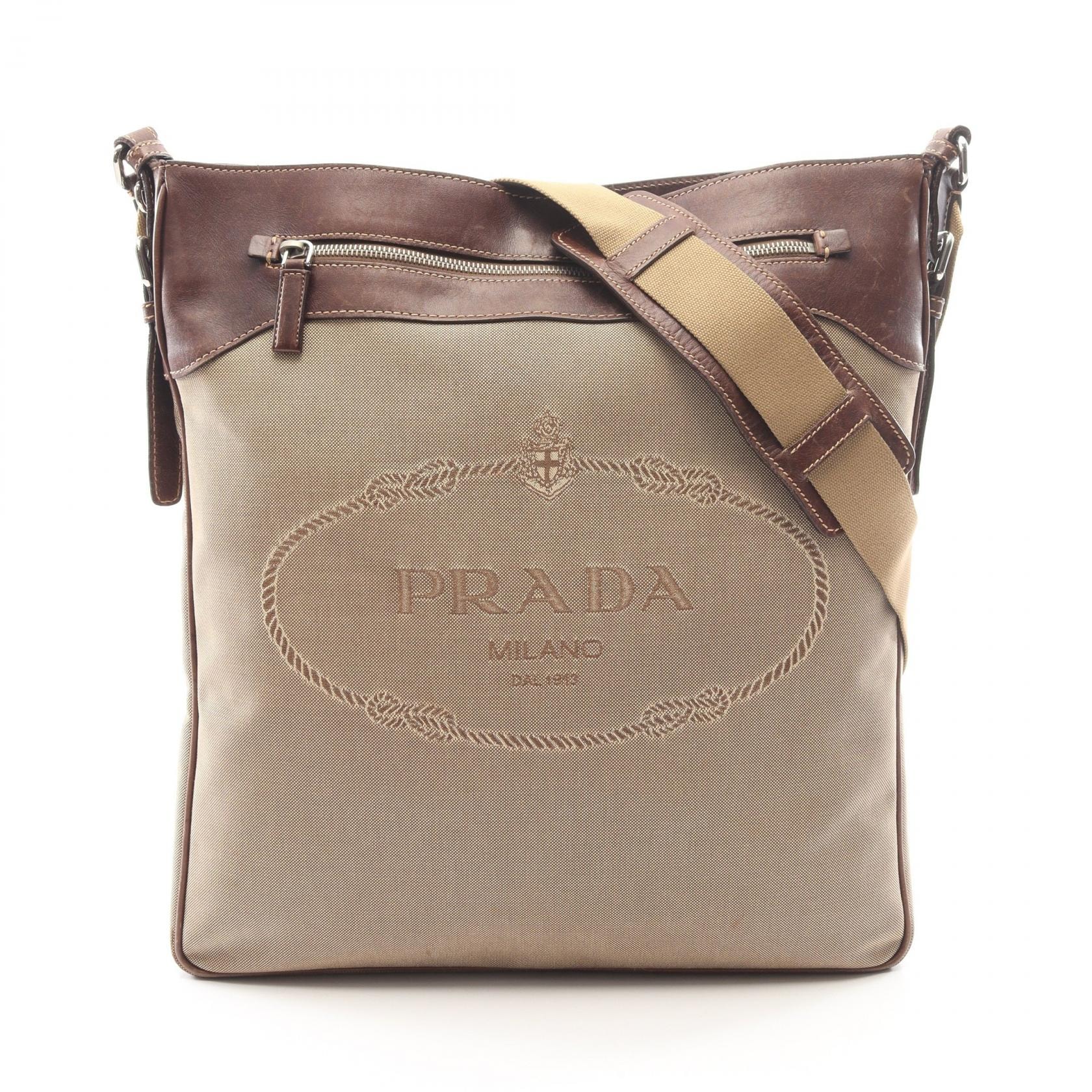 プラダ PRADA LOGO JACQUARD ロゴ ジャガード ショルダーバッグ バッグ キャンバス レザー レディース ベージュ系 / ブラウン系 【中古】