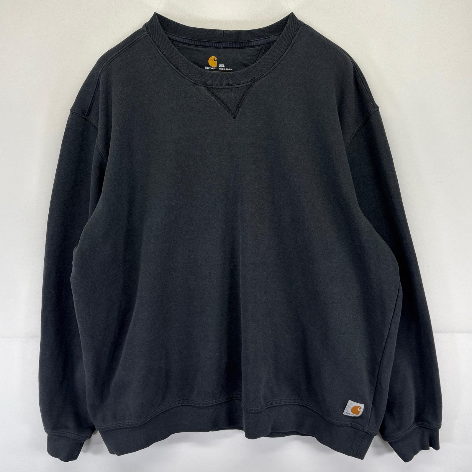 古着 カーハート Carhartt スウェット ワンポイント ロゴ クルーネック 前V 大きいサイズ 2XL  ブラック系 メンズ