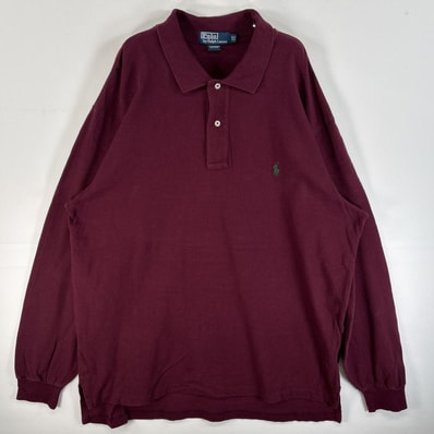 古着 90's/90年代 ポロバイラルフローレン Polo by Ralph Lauren 鹿の子 長袖 ポロシャツ ワンポイント ロゴ 刺繍 大きいサイズ 2ボタン XLT ワインレッド 無地 メンズ