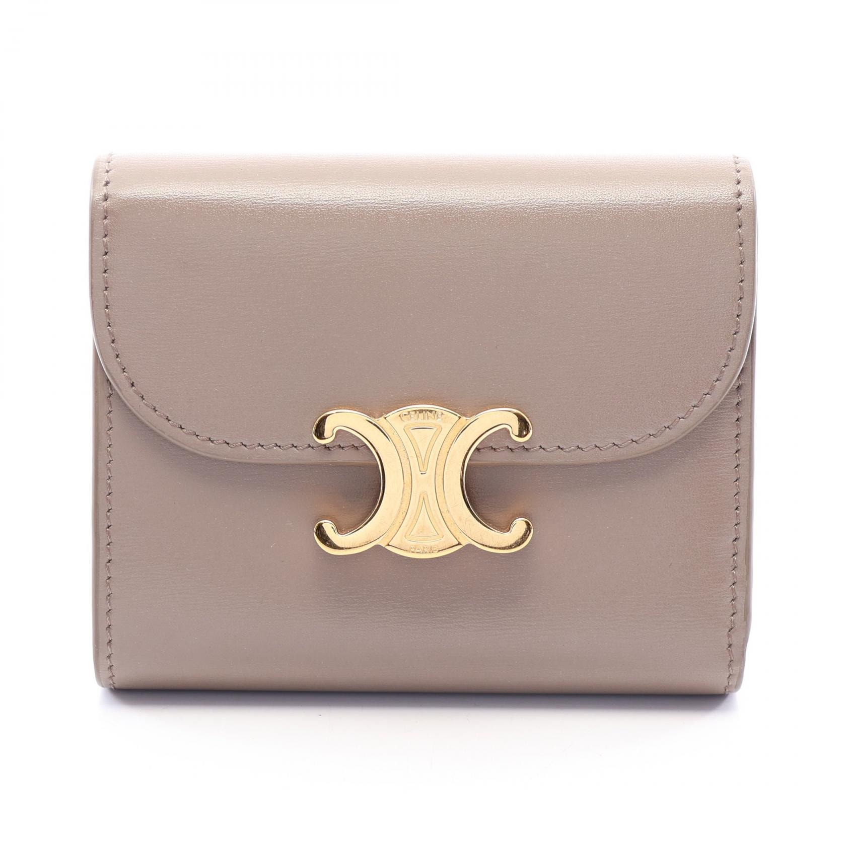 セリーヌ CELINE トリオンフ スモールフラップウォレット 三つ折り財布 財布 レザー レディース ベージュ系 【中古】