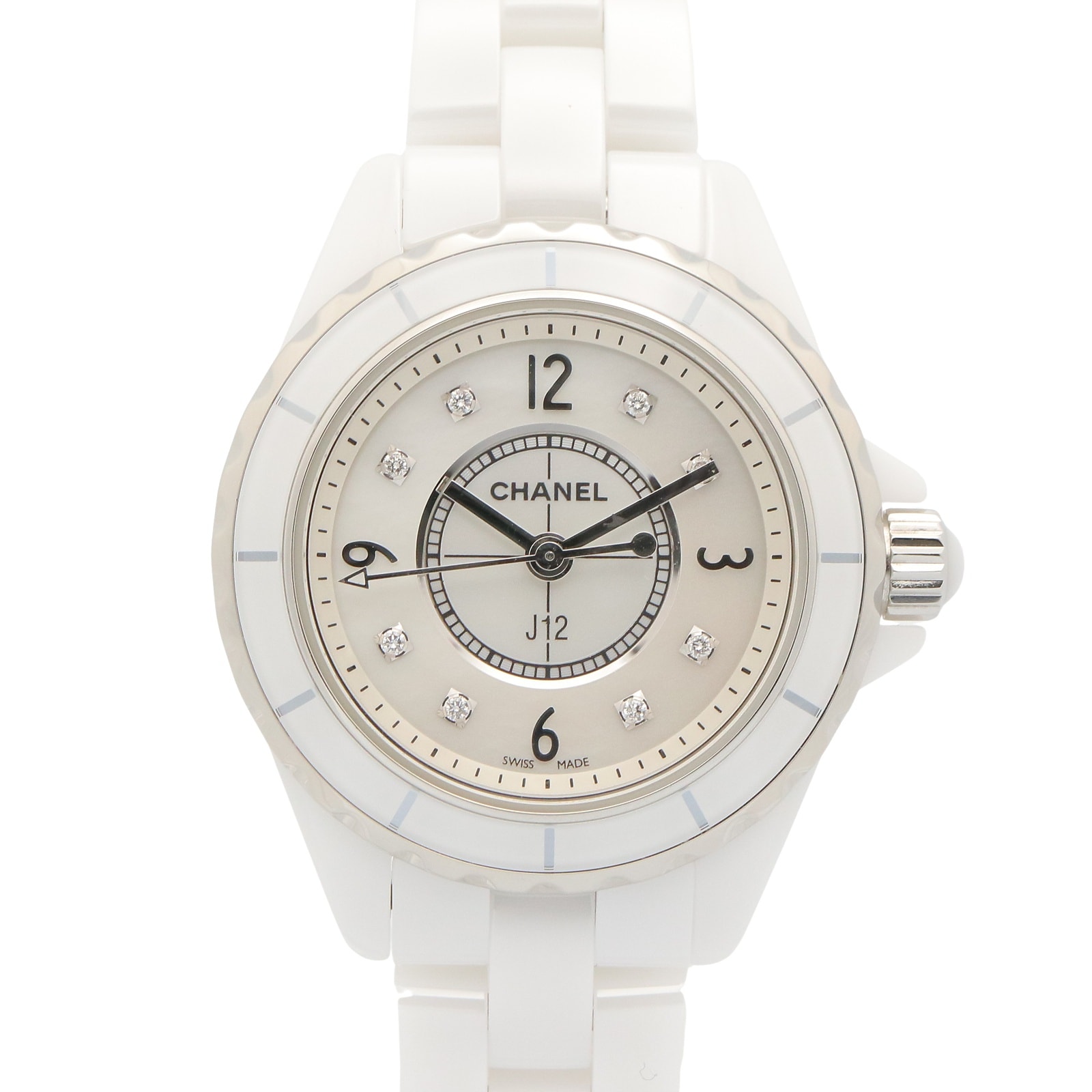 シャネル CHANEL J12 8Pダイヤ 腕時計 時計 セラミック ダイヤモンド レディース ホワイト系 ホワイトシェル H2570 【中古】