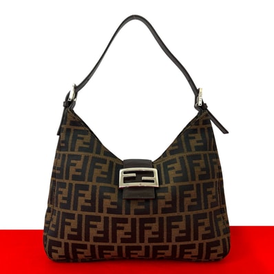 FENDI フェンディ ズッカ FF 柄 ナイロン レザー ショルダーバッグ ブラウン
77389