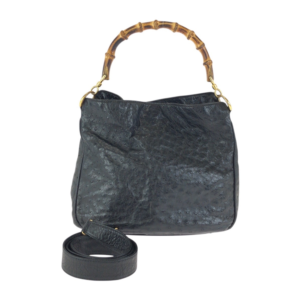 GUCCI グッチ ヴィンテージ バンブー ブラック 黒 ゴールド金具 オーストリッチ バンブー/ ハンドバッグ ショルダーバッグ 602855 【中古】