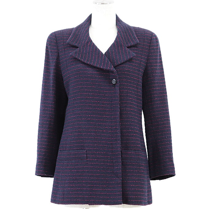 【極美品】CHANEL BOUTIQUE シャネル ブティック ヴィンテージジャケット 98A P11497 レディース 38 COCOマークボタン ウール × ナイロン ダブルブレスト フライフロント リラックスフィット アウター 紺 桃色 紫