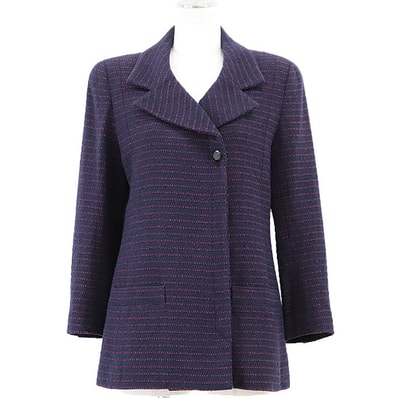 【極美品】CHANEL BOUTIQUE シャネル ブティック ヴィンテージジャケット 98A P11497 レディース 38 COCOマークボタン ウール × ナイロン ダブルブレスト フライフロント リラックスフィット アウター 紺 桃色 紫