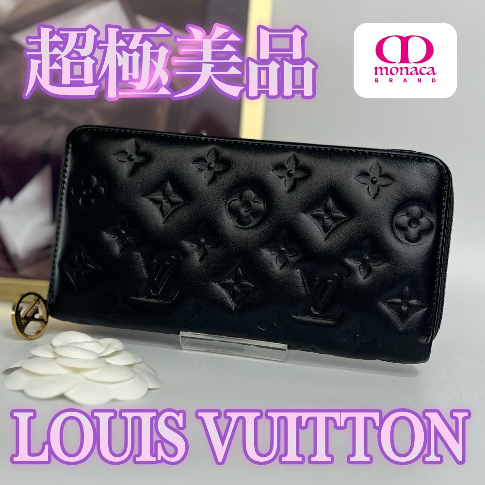 超極美品 LOUIS VUITTON クッサン ラムレザー ラウンドファスナー長財布 ブラック レディース メンズ