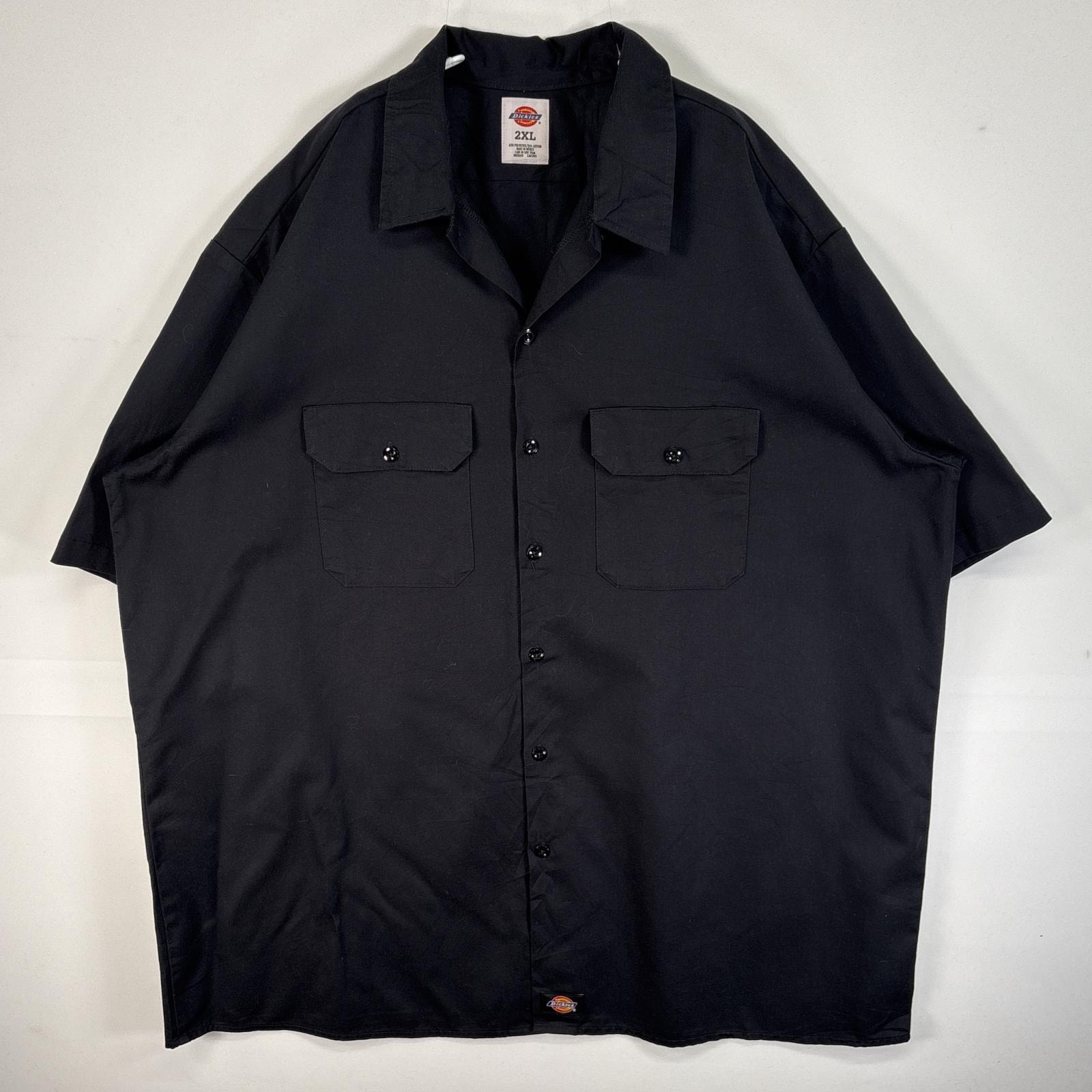 古着 ディッキーズ Dickies 半袖シャツ ワーク 作業着 フラップポケ 大きいサイズ ワンポイント ロゴ 2XL ブラック 無地 メンズ
