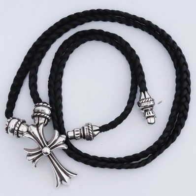Chrome Hearts CH Cross Small Crimpt Bolo Tip Leather Braid Necklace "Silver"