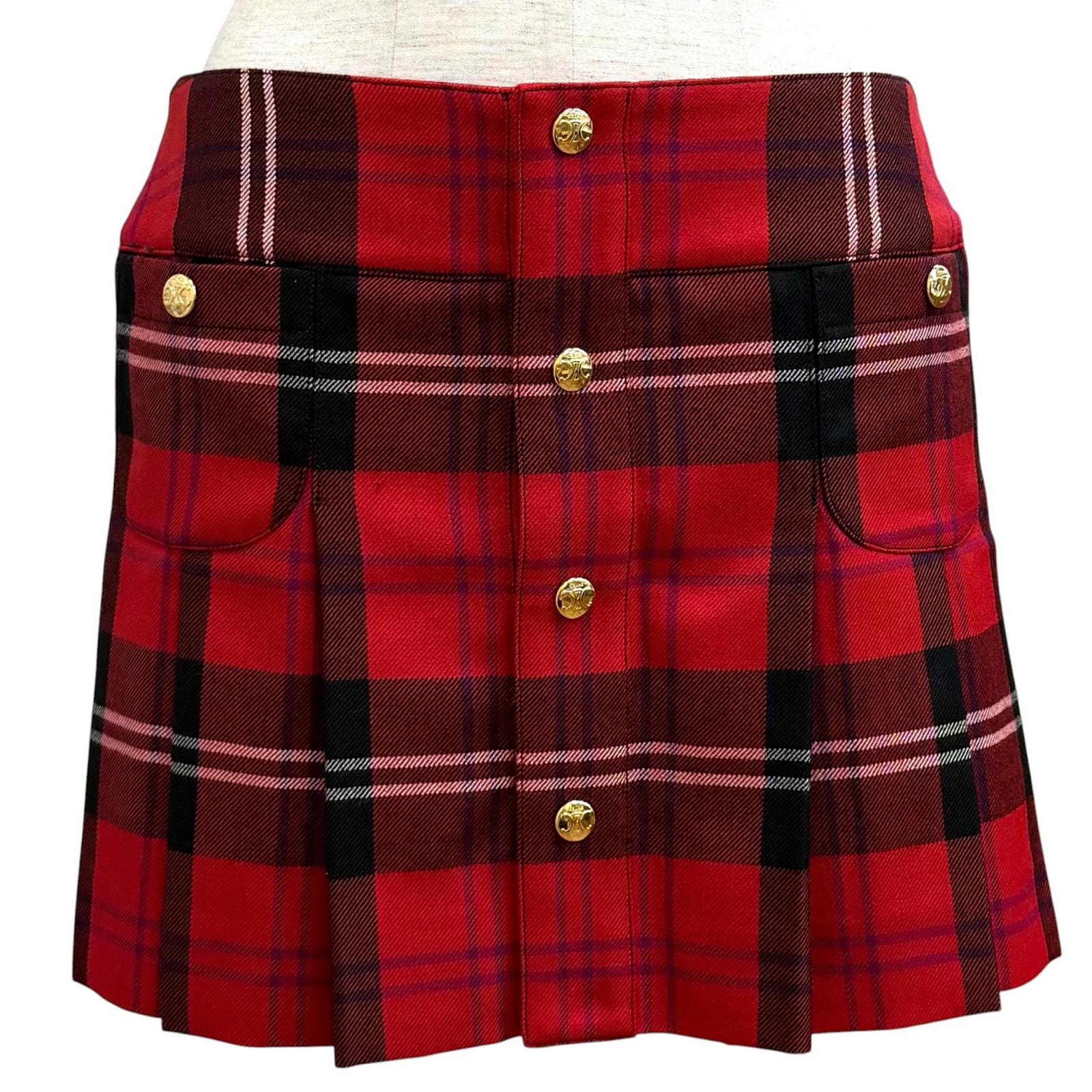 極美品 セリーヌ プリーツスカート レッド 36 2J744696X.27NU