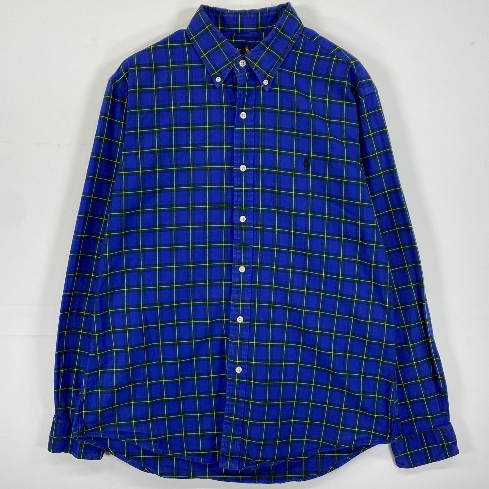 古着 ラルフローレン RALPH LAUREN 長袖シャツ ボタンダウン ロゴ刺繍 ワンポイントロゴ L  ブルー系 チェック メンズ