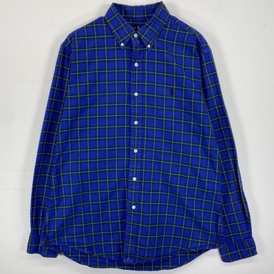 古着 ラルフローレン RALPH LAUREN 長袖シャツ ボタンダウン ロゴ刺繍 ワンポイントロゴ L ブルー系 チェック メンズ