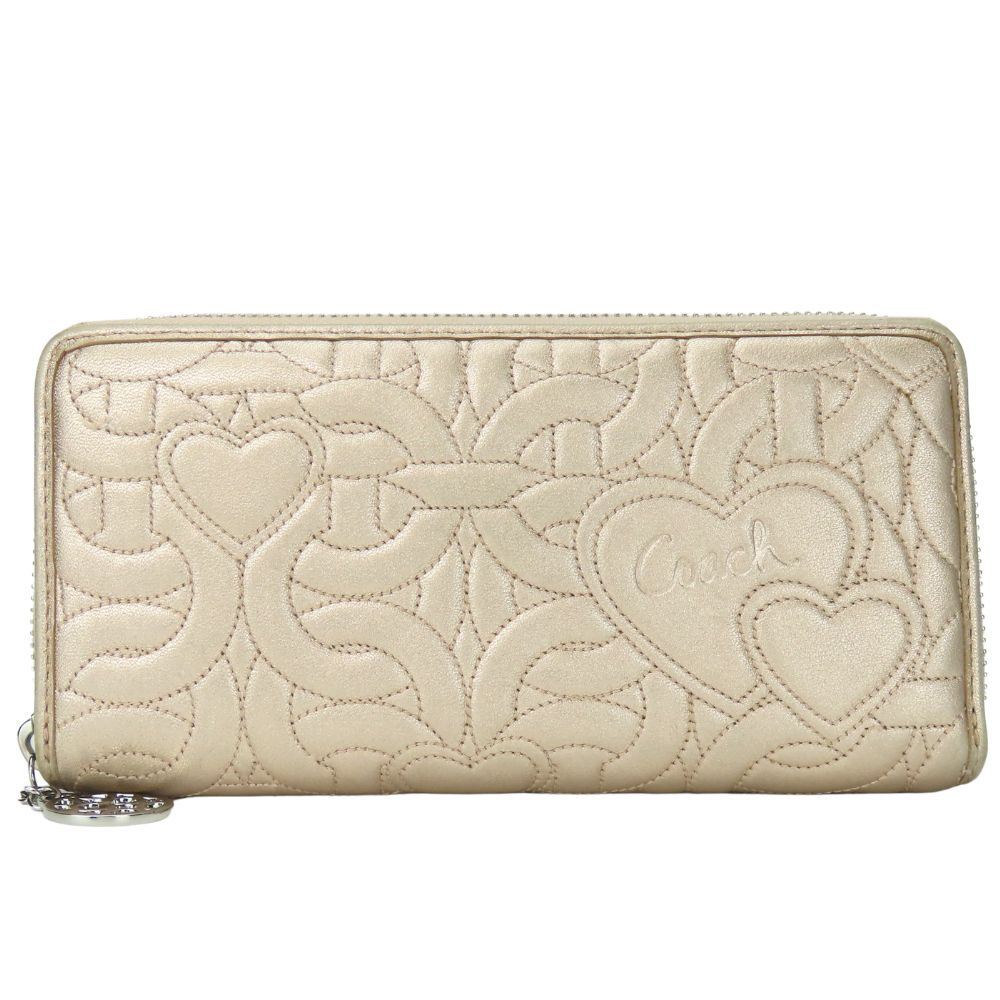 【中古】 コーチ 長財布 レザー メタリックピンク シルバー金具 ラウンドファスナー ジッピー ハート レディース 女性 COACH