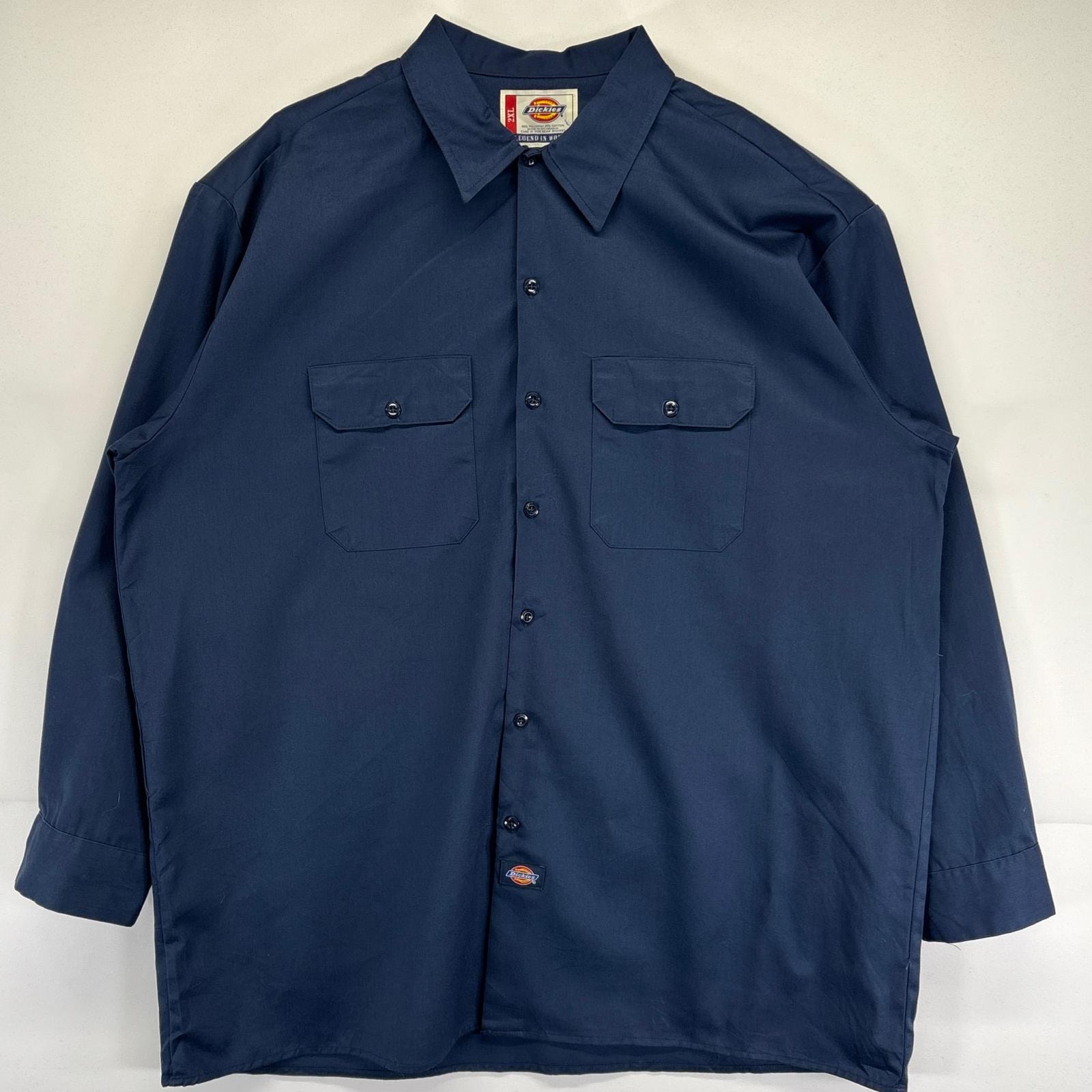 古着 ディッキーズ Dickies 長袖シャツ 大きいサイズ 無地 ワークシャツ ポケット ストリート 2XL ネイビー メンズ