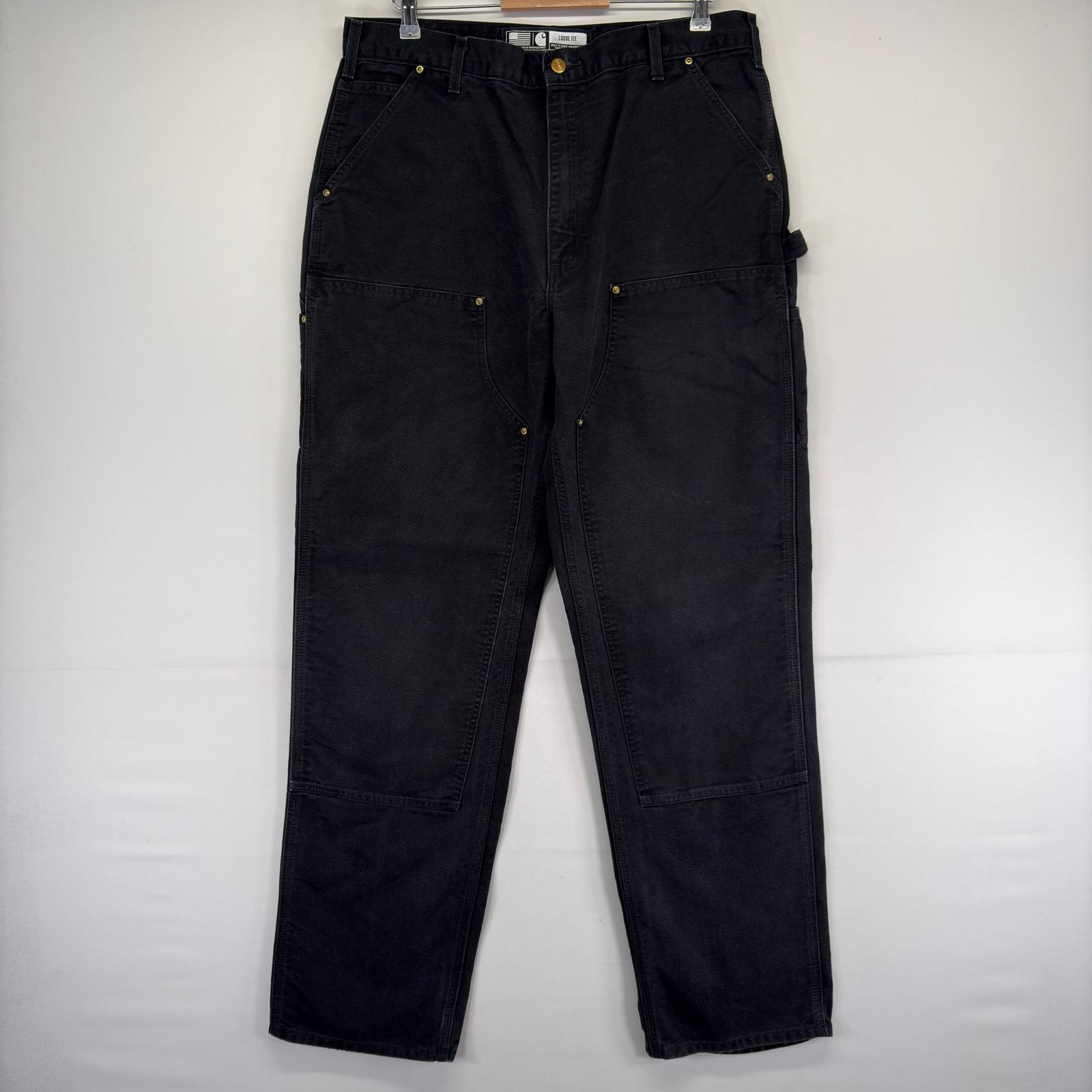 古着 カーハート Carhartt ダック パンツ ペインター ジップ ハンマーループ ダブルニー ワンポイント w38 L36  ブラック系 メンズ
