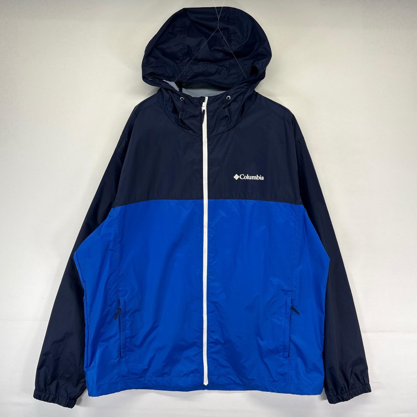 古着 コロンビア Columbia ジャケット フルジップ ワンポイントロゴ ドローコード アウトドア 大きいサイズ XL  ネイビー系 メンズ