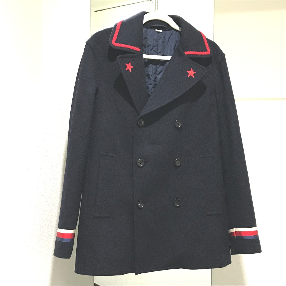 グッチ GUCCI シルヴィウェブリボン 451131 バイカラー フェルトジャケット ピーコート ウール ネイビー 美品