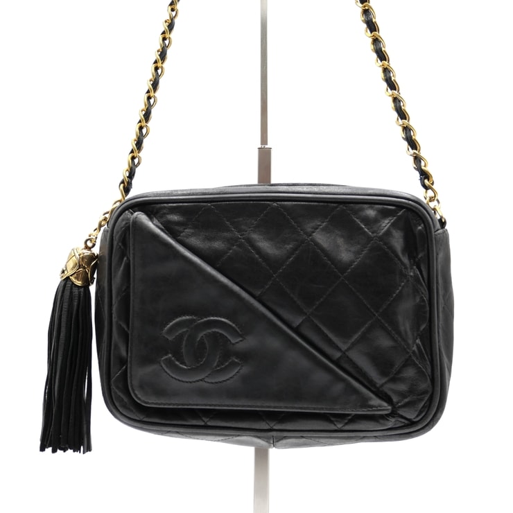 CHANEL(シャネル)マトラッセ ヴィンテージ フリンジ チェーンショルダーバッグ ココマーク ブラック ラムスキン レザー ゴールド金具 キルティング タッセル レディース 斜め掛け【中古】