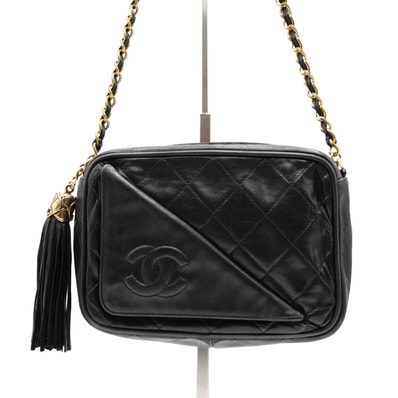 CHANEL(シャネル)マトラッセ ヴィンテージ フリンジ チェーンショルダーバッグ ココマーク ブラック ラムスキン レザー ゴールド金具 キルティング タッセル レディース 斜め掛け【中古】