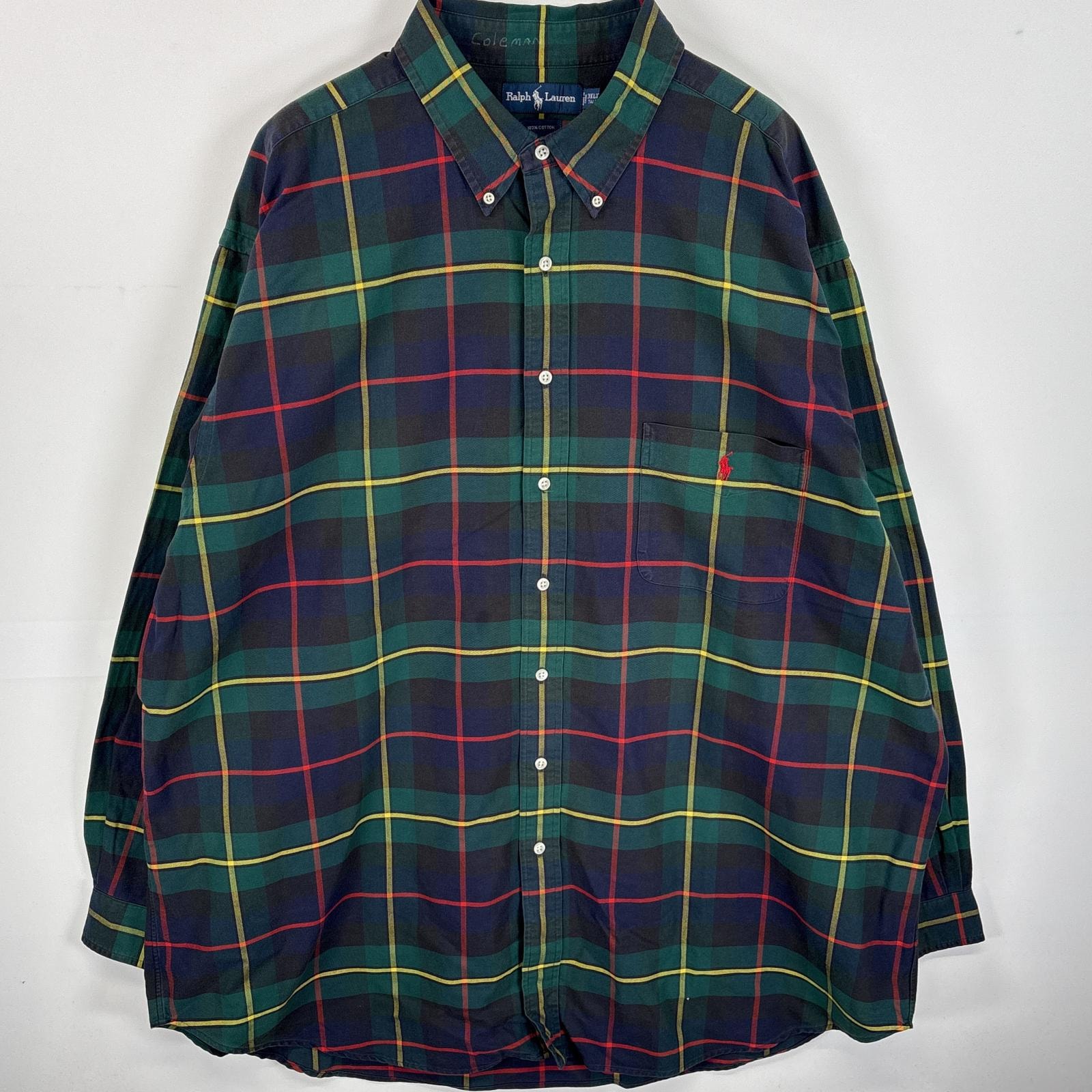 古着 ラルフローレン RALPH LAUREN 長袖シャツ ボタンダウンシャツ ワンポイント ロゴ 刺繍 大きいサイズ 3XLT グリーン系 チェック メンズ