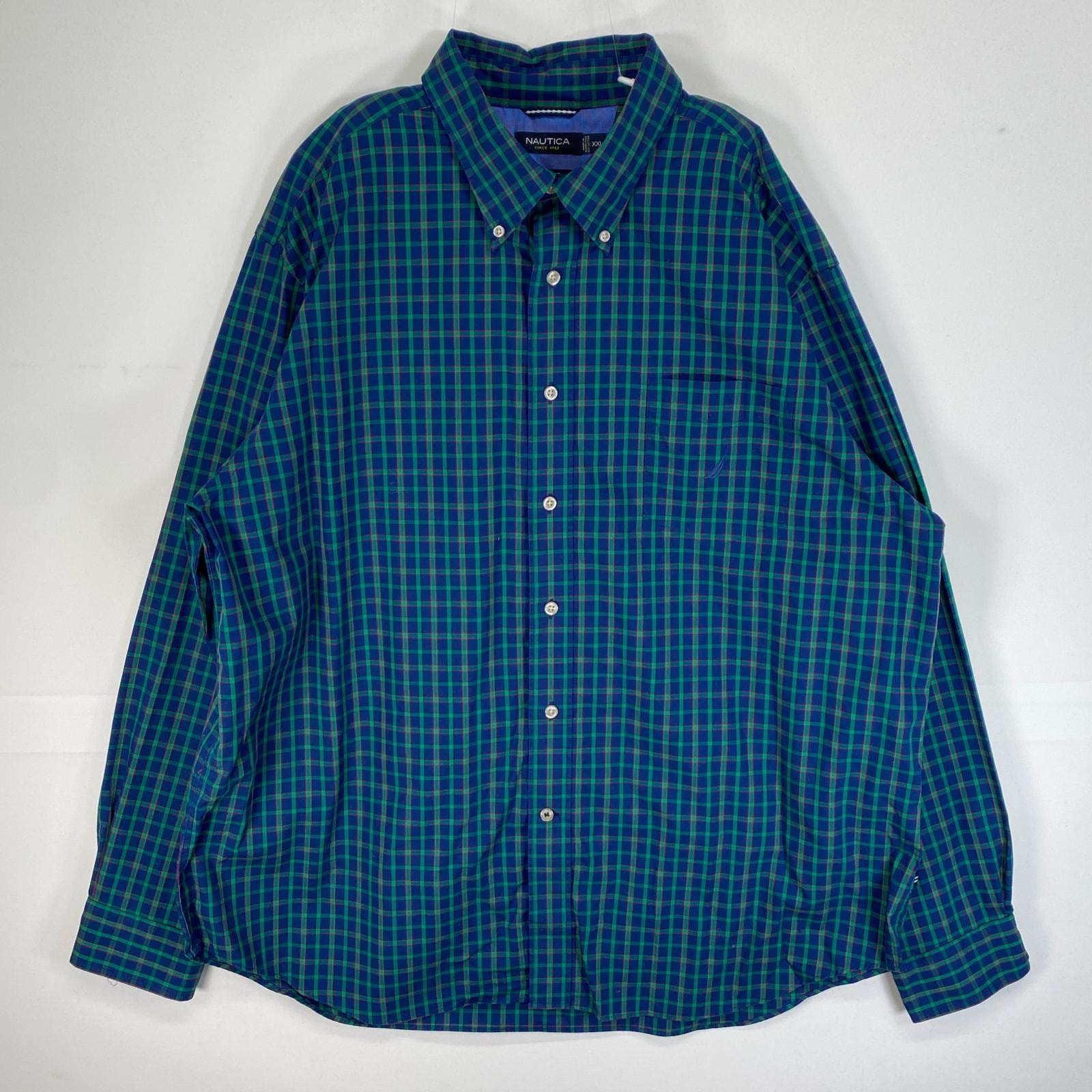 古着 ノーティカ NAUTICA 長袖シャツ チェック ロゴ 刺繍 胸ポケット 14041  グリーン系 マルチカラー メンズ