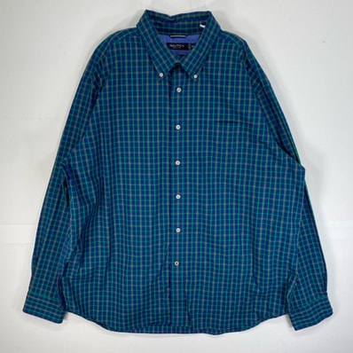古着 ノーティカ NAUTICA 長袖シャツ チェック ロゴ 刺繍 胸ポケット 14041 グリーン系 マルチカラー メンズ