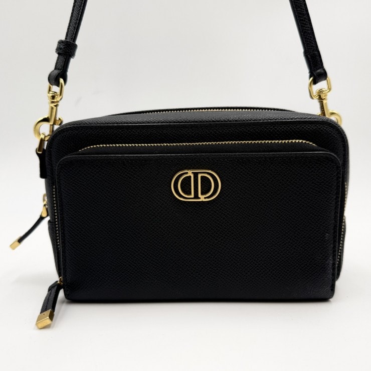 Christian Dior(クリスチャンディオール)カロ ダブルポーチ ショルダーバッグ ブラック レザー CDロゴ レディース 斜め掛け ゴールドトーン金具