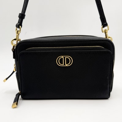 Christian Dior(クリスチャンディオール)カロ ダブルポーチ ショルダーバッグ ブラック レザー CDロゴ レディース 斜め掛け ゴールドトーン金具