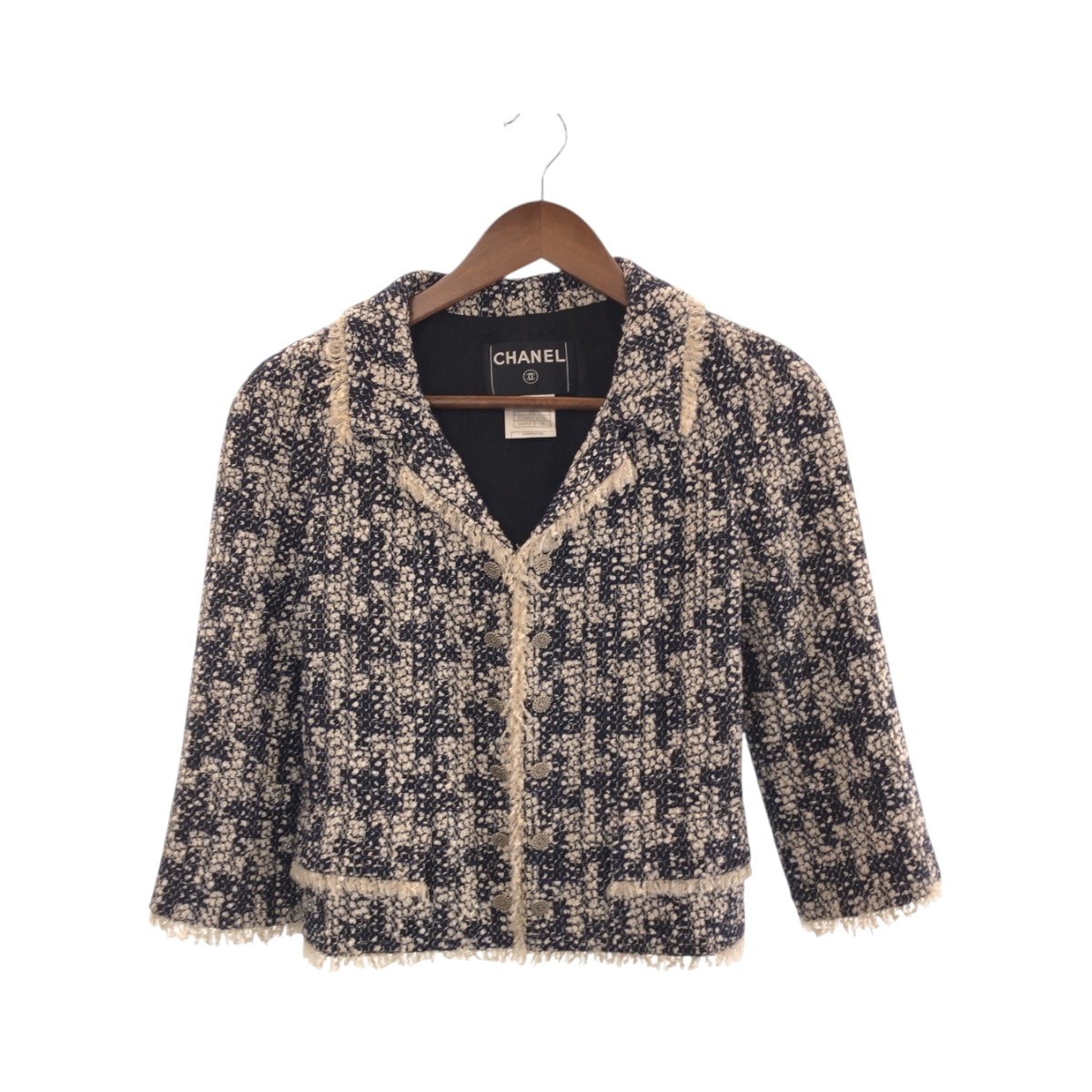 美品 CHANEL シャネル ココマーク サイズ36 ネイビー ホワイト シルバー金具 レーヨン テーラードジャケット ツイードジャケット 600912 【中古】