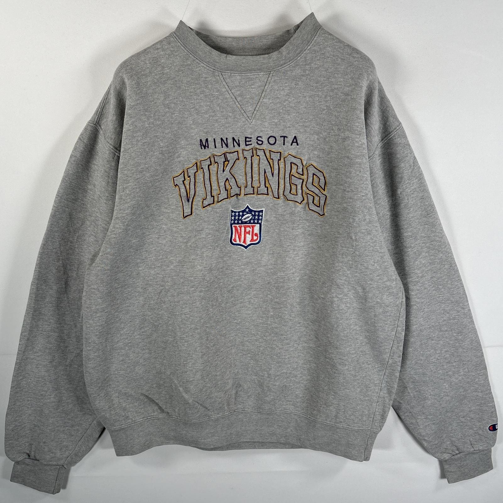 古着 チャンピオン Champion スウェット ミネソタバイキングス クルーネック フットボール 刺繍プリント NFL ワッペン L  グレー メンズ
