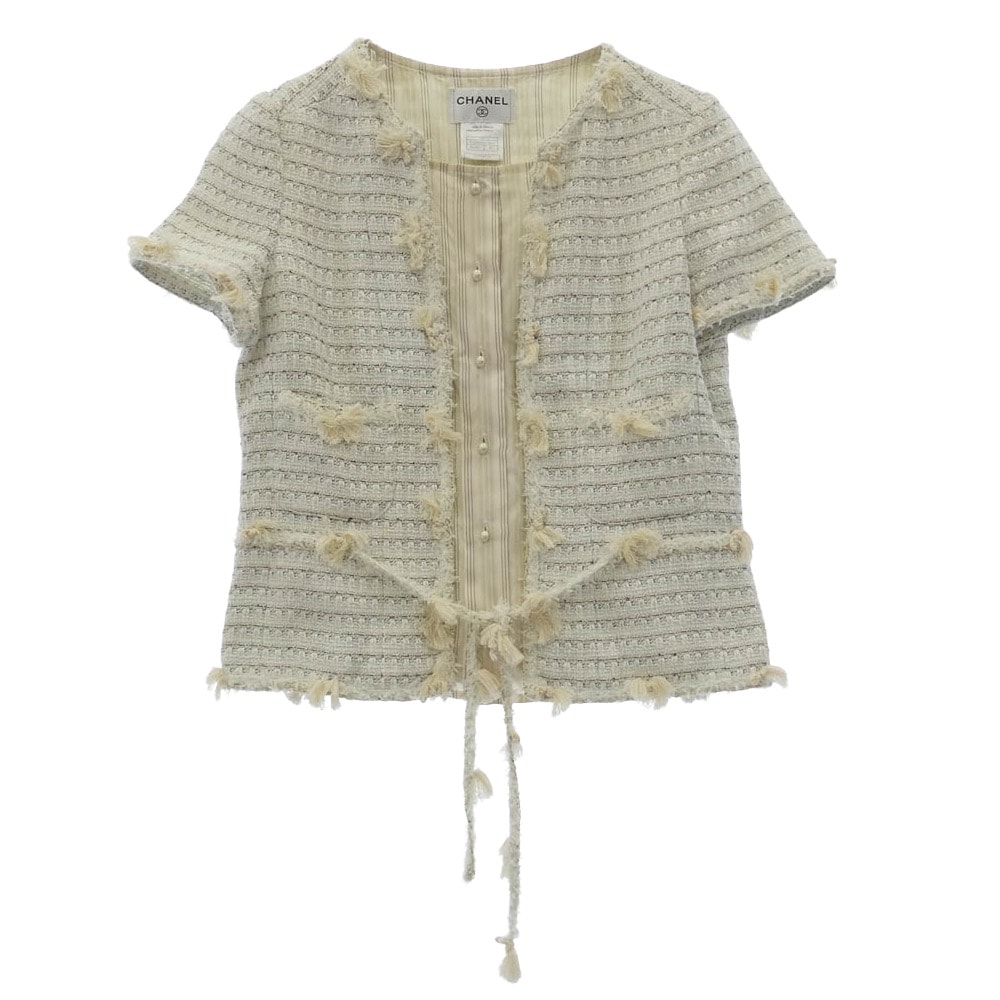 CHANEL シャネル ジャケット P24960W03484 05C Collarless Single Breasted Tweed Jacket ノーカラー シングル ブレスト ツイード 半袖 ジャケット ホワイト系 ベージュ系 42【中古】