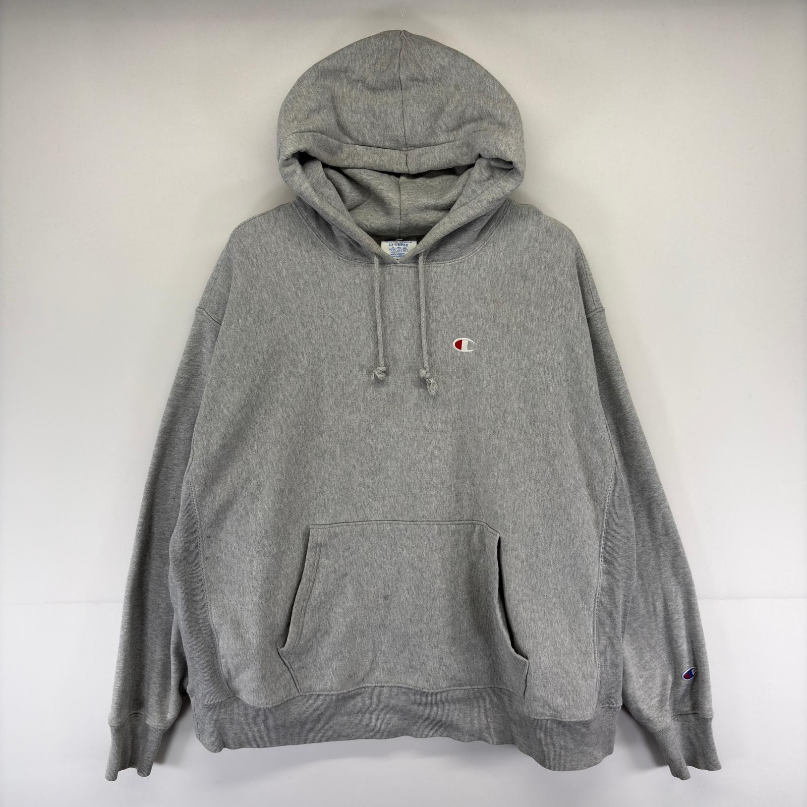 古着 チャンピオン Champion パーカー プルオーバー 大きいサイズ ワンポイントロゴ リバースウィーブ 2XL  グレー系 メンズ
