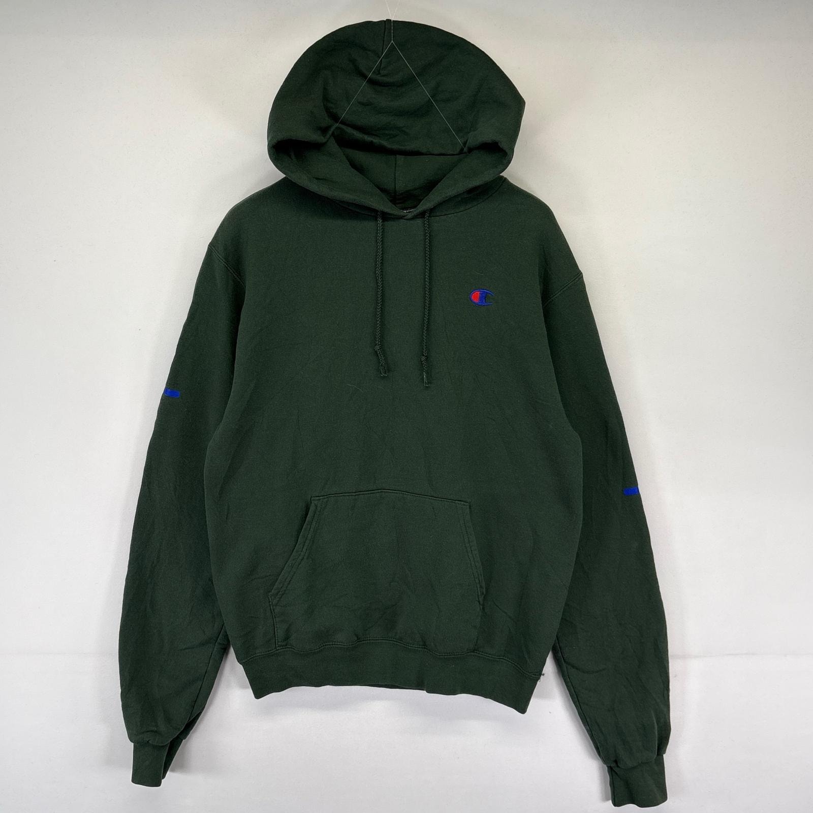 古着 チャンピオン Champion パーカー プルオーバー ワンポイント刺繍ロゴ スウェット スリーブプリント S  グリーン系 メンズ