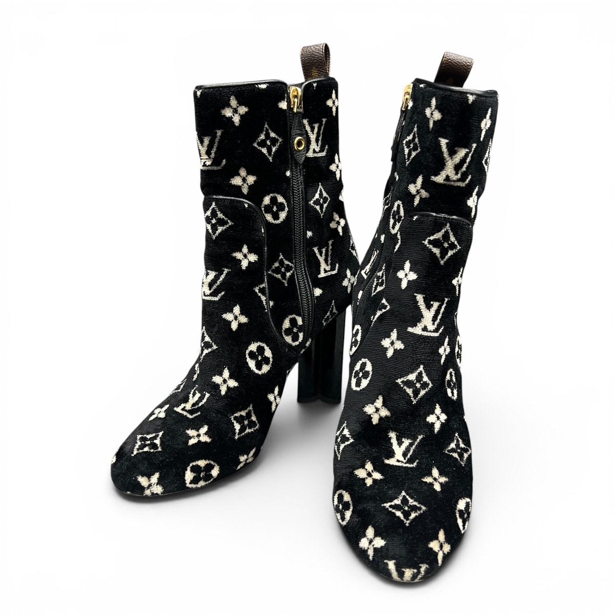 LOUIS VUITTON 希少 ルイヴィトン 日本限定 シルエットライン ショートブーツ モノグラム 1A95Y ベロア レザー BR0261 #39 約25cm ブラック ホワイト ブーツ ベルベット Bランク 中古 鑑定済 ヴィトンシューズ