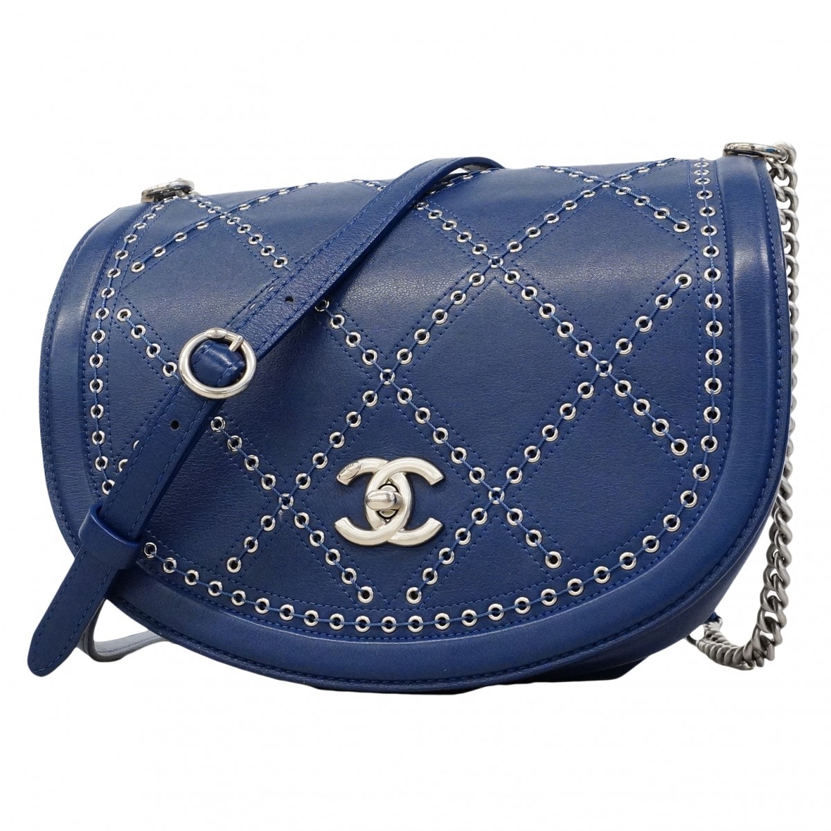 【6fd5326】シャネル ショルダーバッグ チェーンショルダー ココアイレット レザー ブルー シルバー金具【中古】レディース